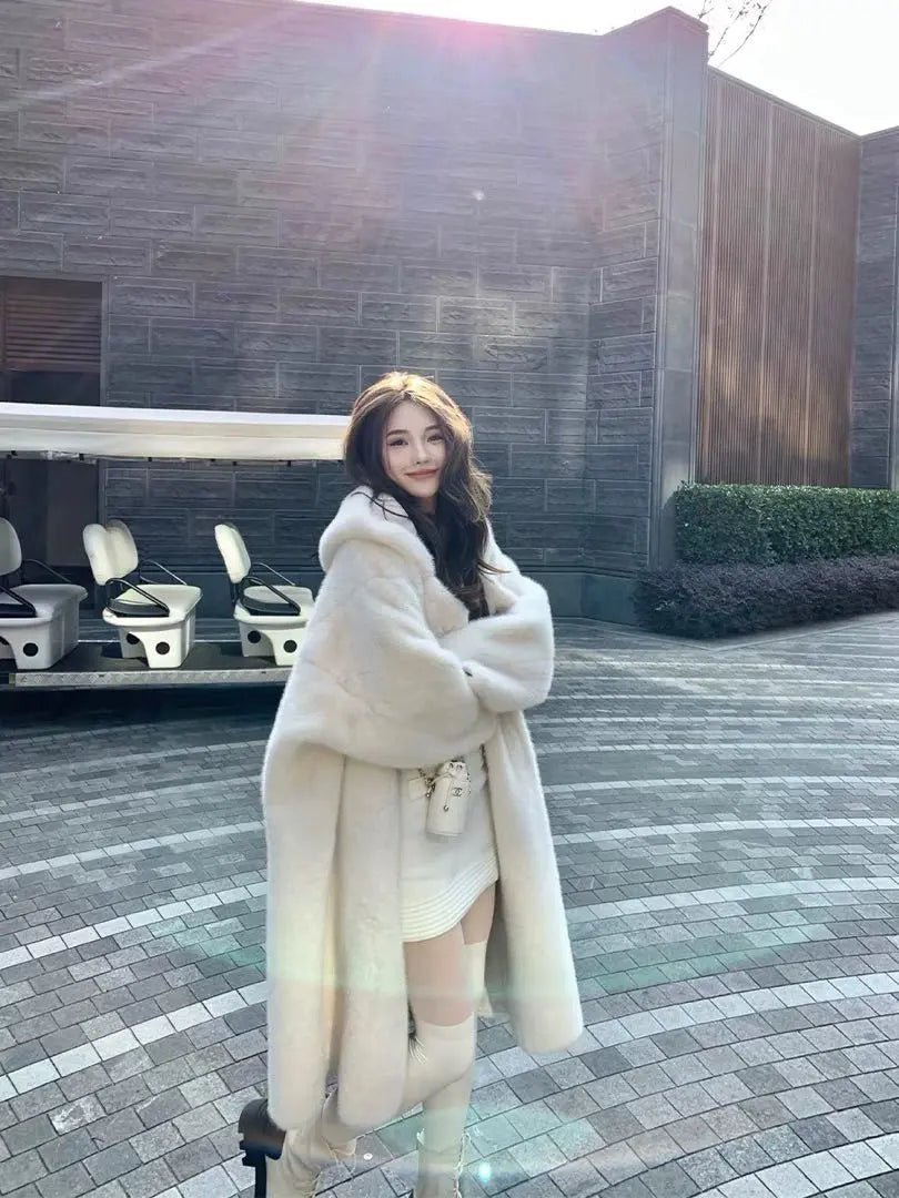 Long hooded fur coat, fluffy, warm, winter