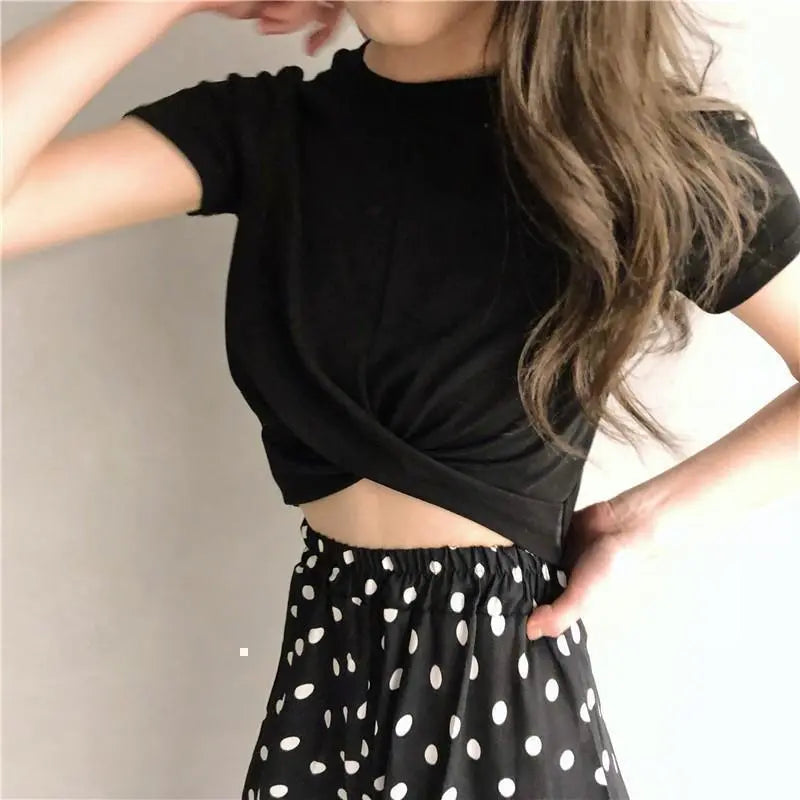 XL Black Navel Out Top Korean Short T-Shirt Simple