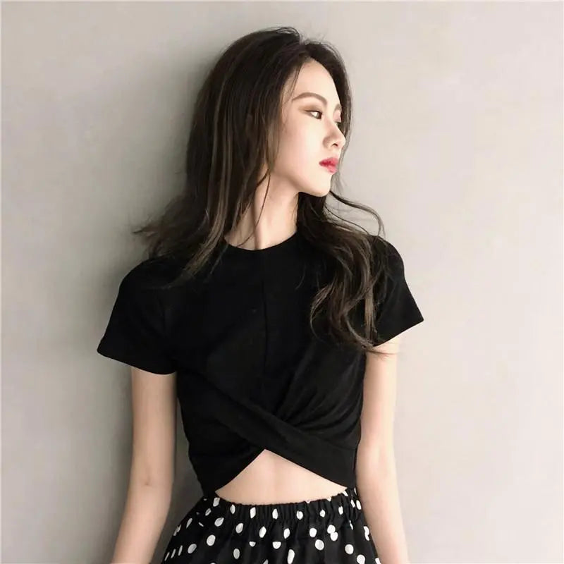 XL Black Navel Out Top Korean Short T-Shirt Simple