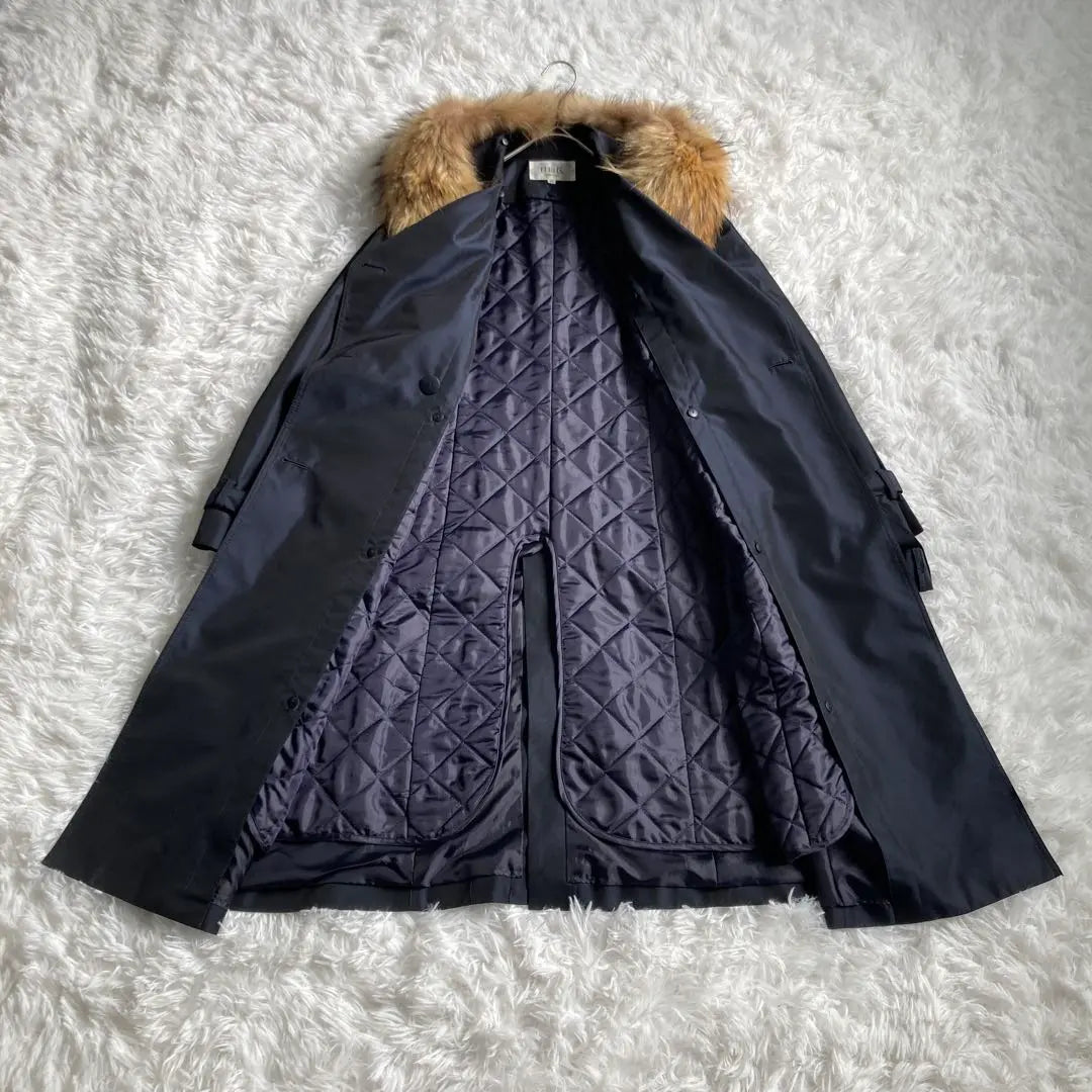 Jiyuku Fur Trench Coat L Dark Navy Liner with Belt