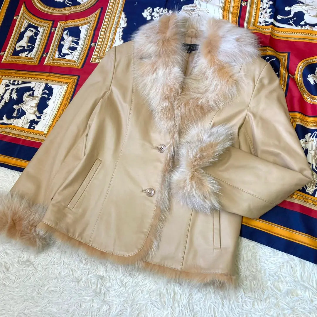 Luxury ✨ Blue Fox Leather Jacket Real Fur Fur Beige