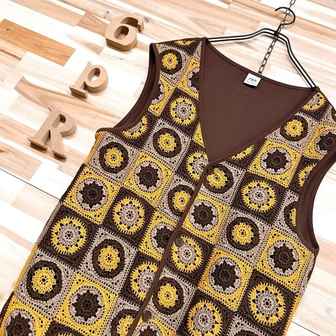 [Zara] Flower Block Braided Lace Vest Floral Pattern L Brown x Yellow