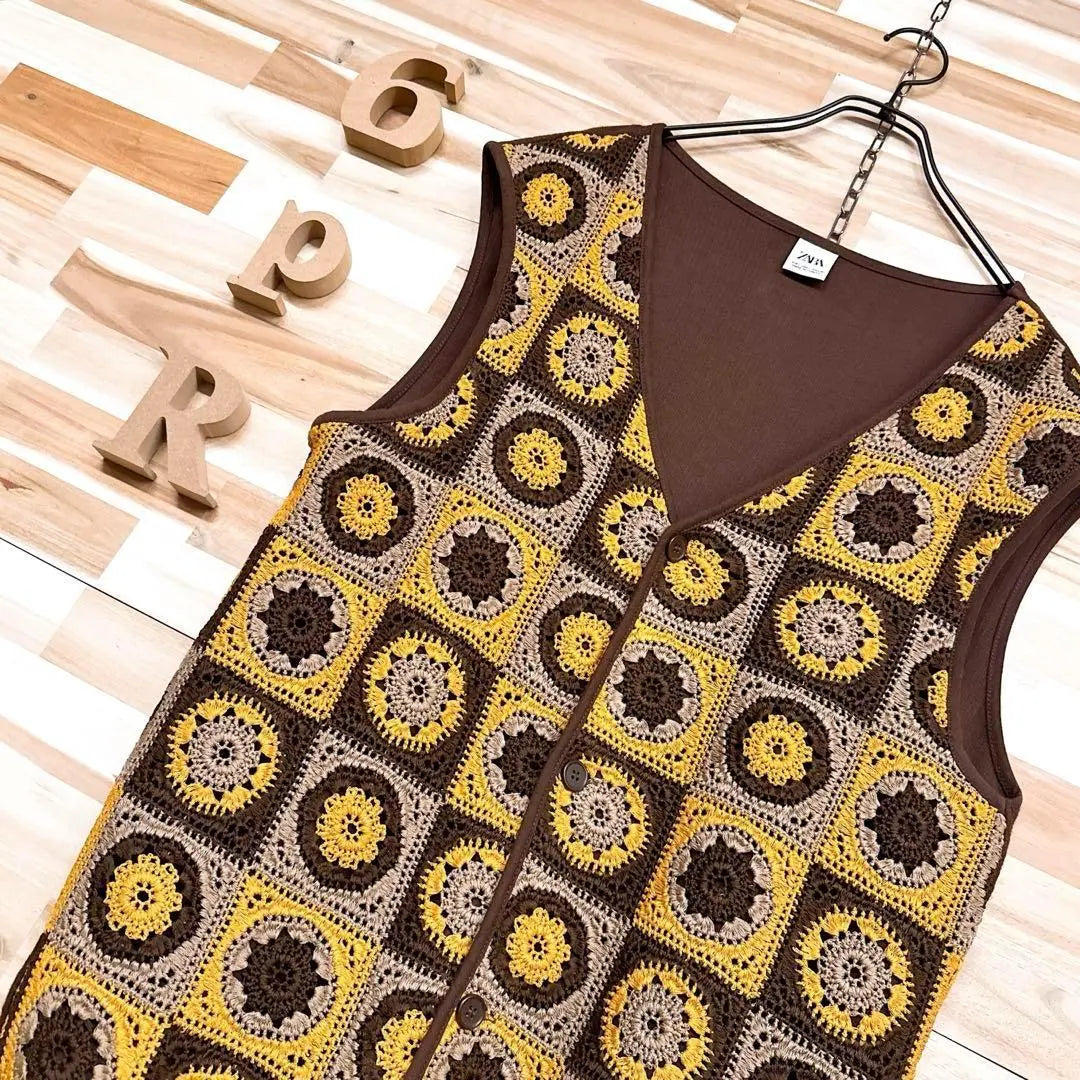 [Zara] Flower Block Braided Lace Vest Floral Pattern L Brown x Yellow