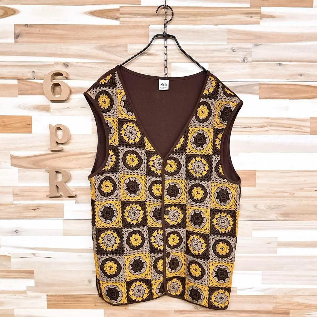 [Zara] Flower Block Braided Lace Vest Floral Pattern L Brown x Yellow