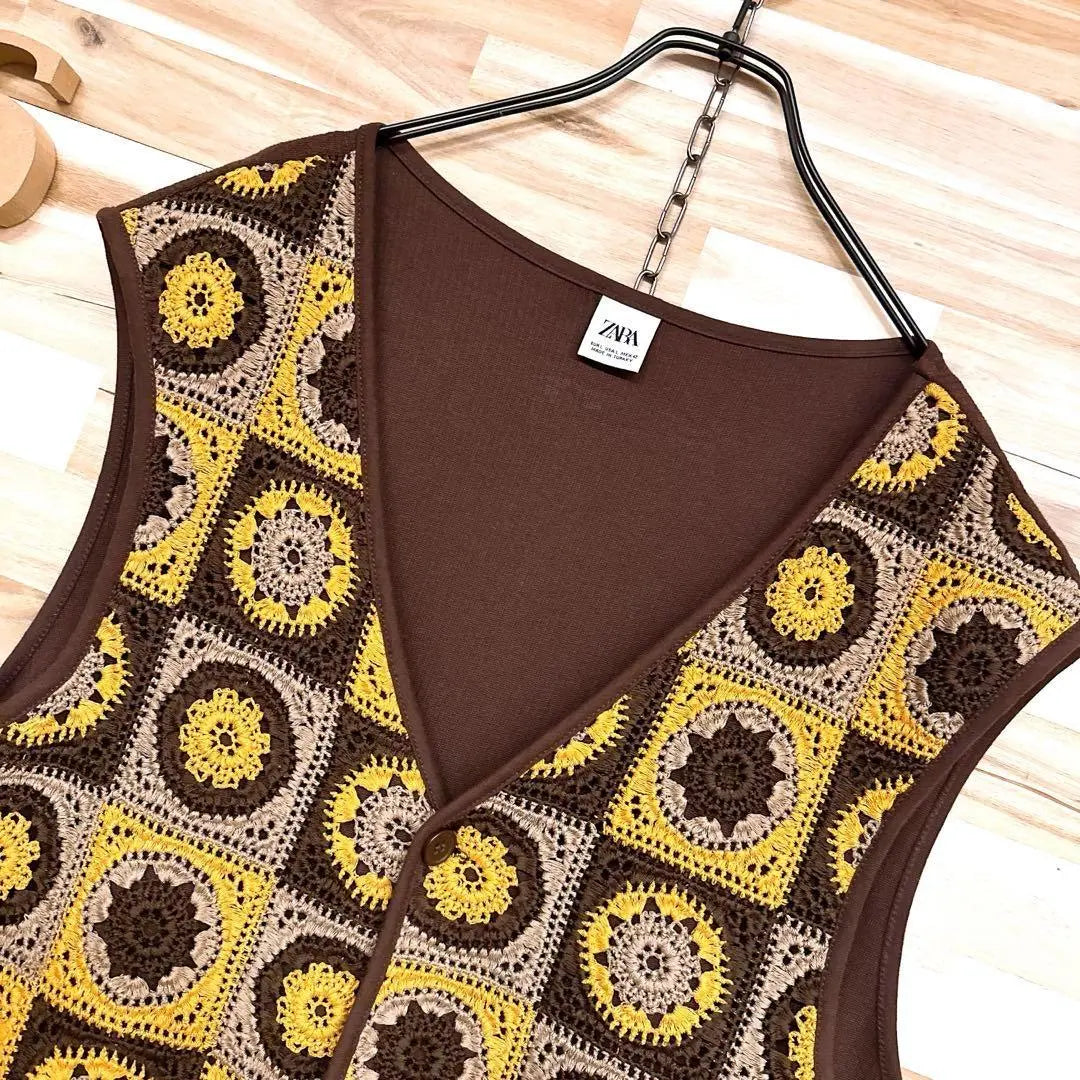 [Zara] Flower Block Braided Lace Vest Floral Pattern L Brown x Yellow