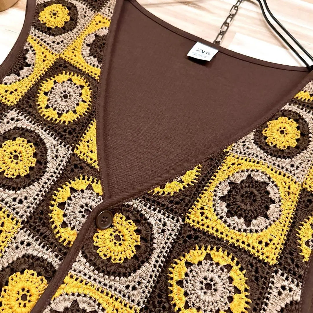 [Zara] Flower Block Braided Lace Vest Floral Pattern L Brown x Yellow