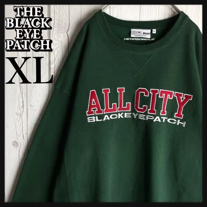 [Rare XL size] Black Eyepatch ☆ Center Big Embroidered Logo Sweatshirt Green