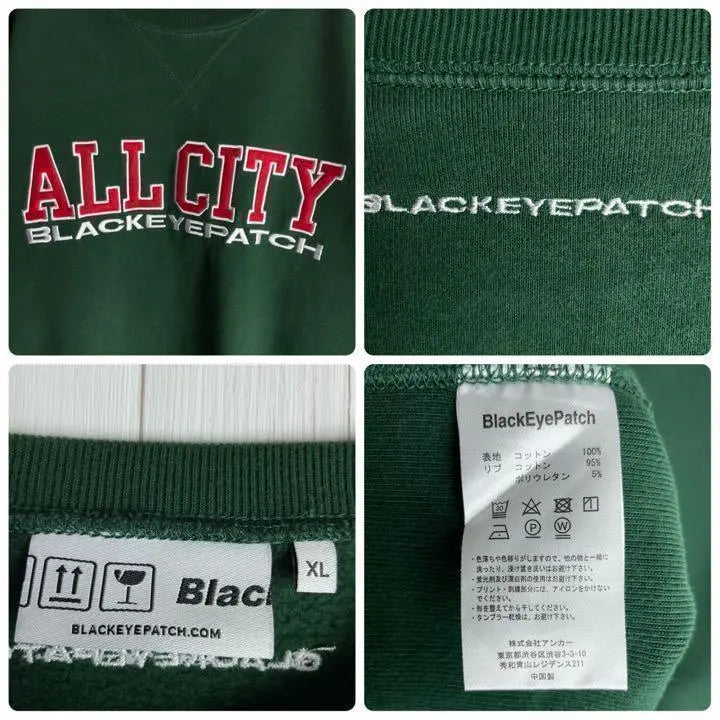 [Rare XL size] Black Eyepatch ☆ Center Big Embroidered Logo Sweatshirt Green