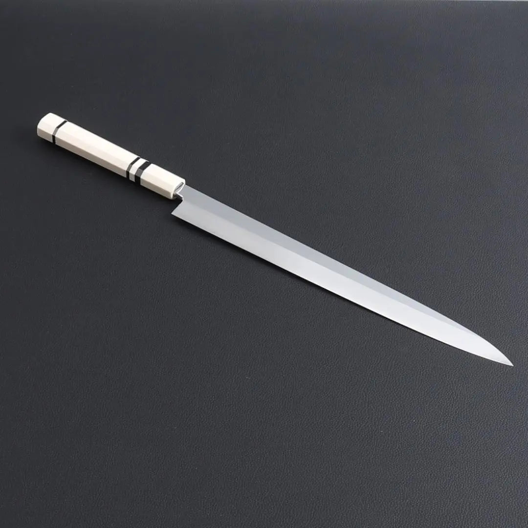 9810 Yanagiba Knife Shakuichi Sashimi Knife The blade is the ultimate sharpness, artificial ivory black three-roll octagonal handle | 9810 柳刃包丁 尺一 刺身包丁 刃は究極の切れ味 人工象牙黒三本巻八角柄