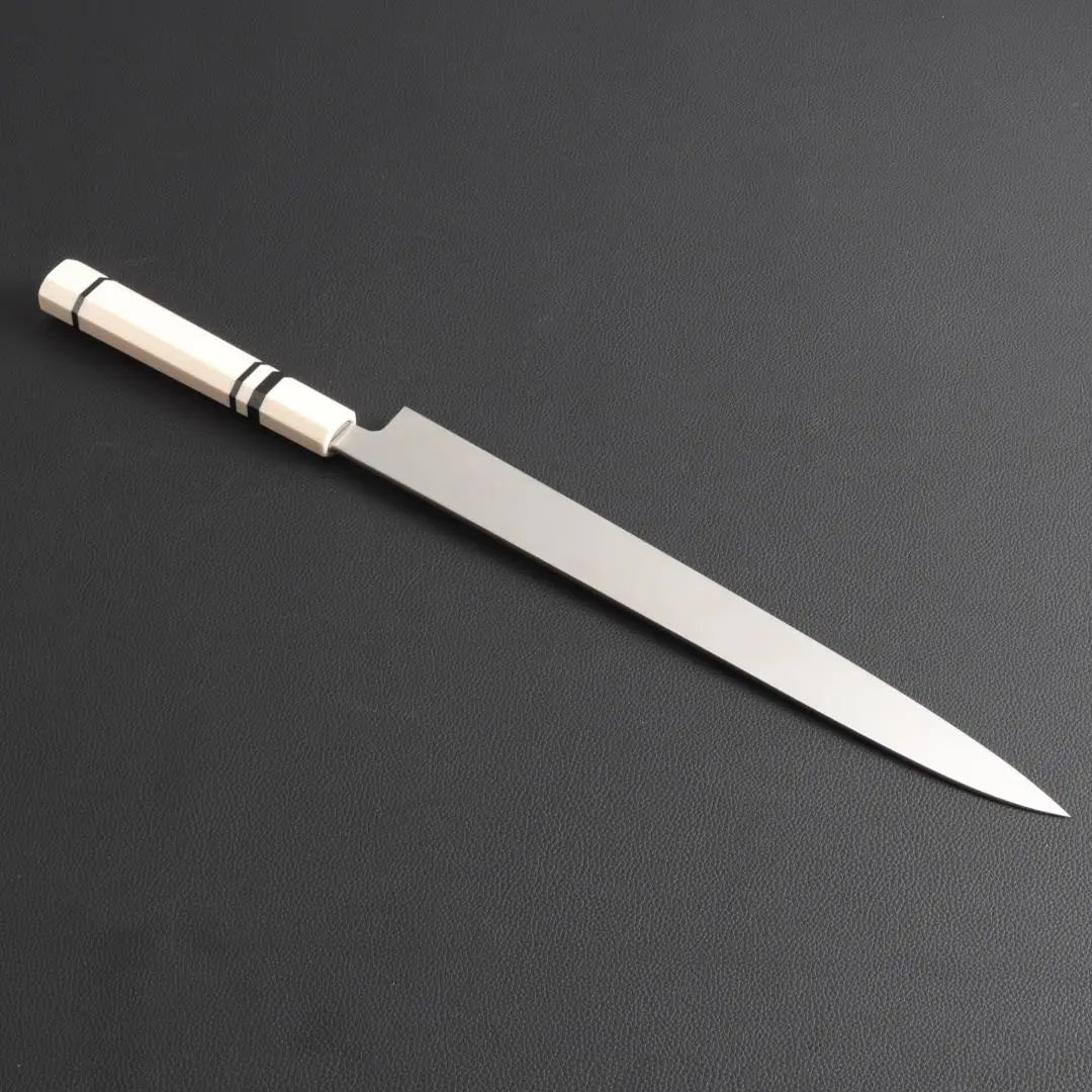 9810 Yanagiba Knife Shakuichi Sashimi Knife The blade is the ultimate sharpness, artificial ivory black three-roll octagonal handle | 9810 柳刃包丁 尺一 刺身包丁 刃は究極の切れ味 人工象牙黒三本巻八角柄