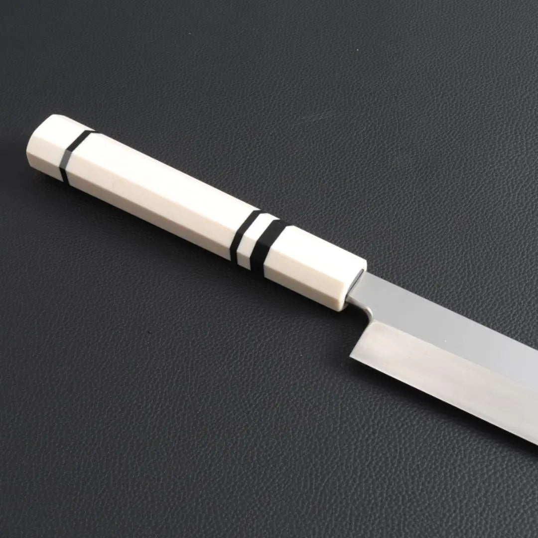 9810 Yanagiba Knife Shakuichi Sashimi Knife The blade is the ultimate sharpness, artificial ivory black three-roll octagonal handle | 9810 柳刃包丁 尺一 刺身包丁 刃は究極の切れ味 人工象牙黒三本巻八角柄