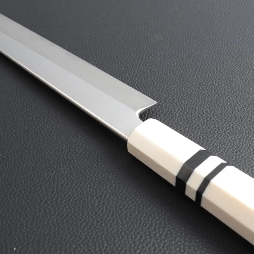 9810 Yanagiba Knife Shakuichi Sashimi Knife The blade is the ultimate sharpness, artificial ivory black three-roll octagonal handle | 9810 柳刃包丁 尺一 刺身包丁 刃は究極の切れ味 人工象牙黒三本巻八角柄