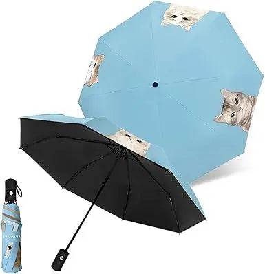 ⭐ Ultra-lightweight & portable folding umbrella for both sunny and rainy weather**Cat pattern, light blue