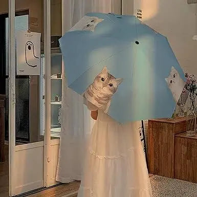 ⭐ Ultra-lightweight & portable folding umbrella for both sunny and rainy weather**Cat pattern, light blue