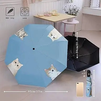 ⭐ Paraguas plegable ultraligero y portátil para climas soleados y lluviosos**Patrón de gato, azul claro