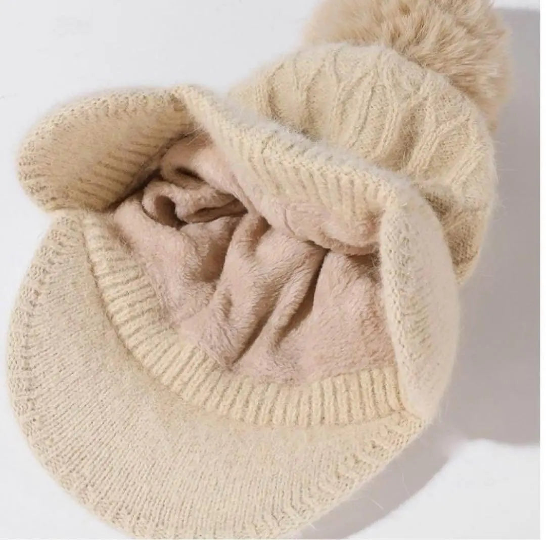 Gorro punto pompones con orejeras, orejeras, orejeras beige mujer | イヤーマフ付きポンポンニット帽 耳あて レディース ベージュ イヤーマフ