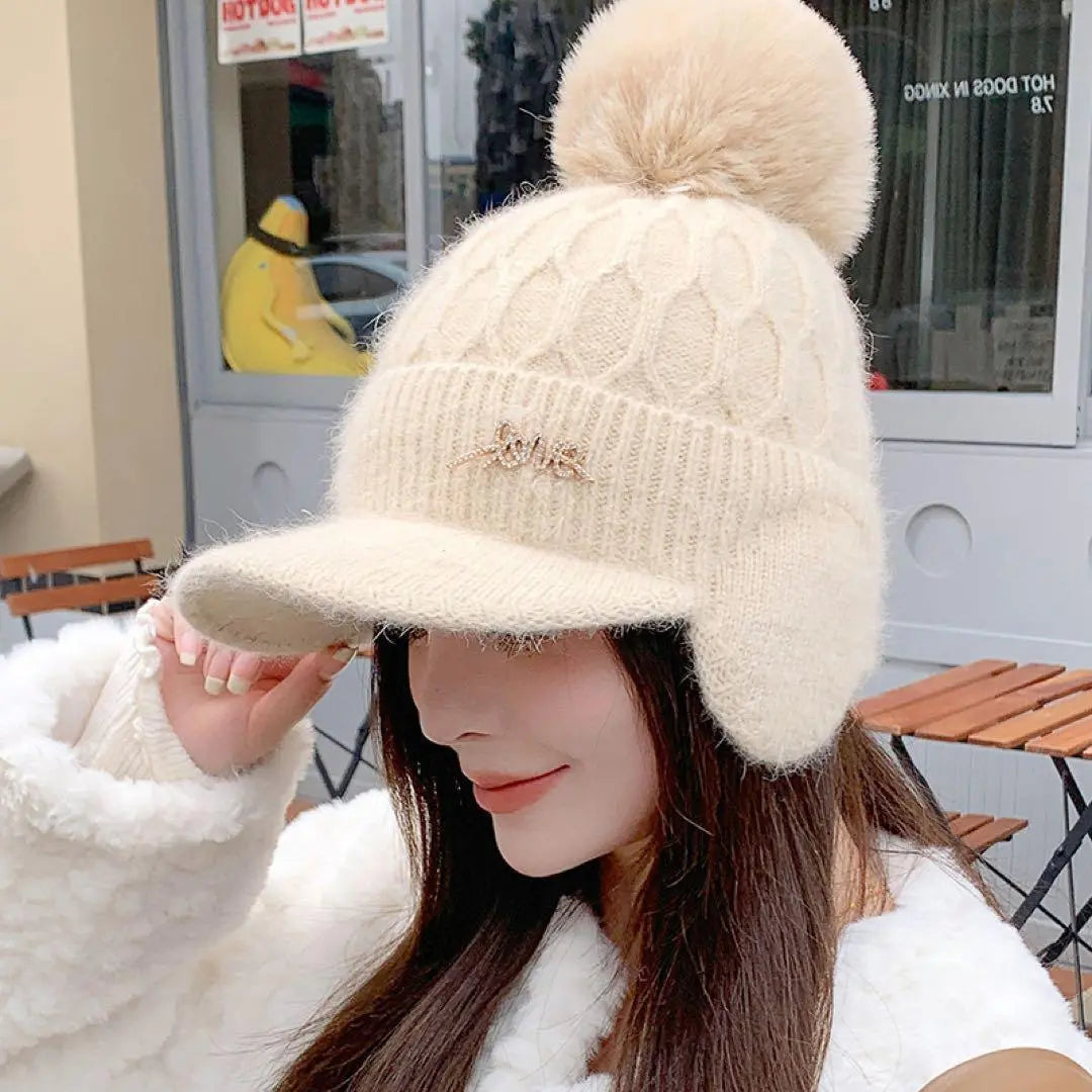 Pompon knit hat with earmuffs, earmuffs, women's beige earmuffs | イヤーマフ付きポンポンニット帽　 耳あて レディース ベージュ　イヤーマフ