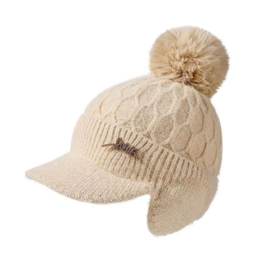 Gorro punto pompones con orejeras, orejeras, orejeras beige mujer | イヤーマフ付きポンポンニット帽 耳あて レディース ベージュ イヤーマフ