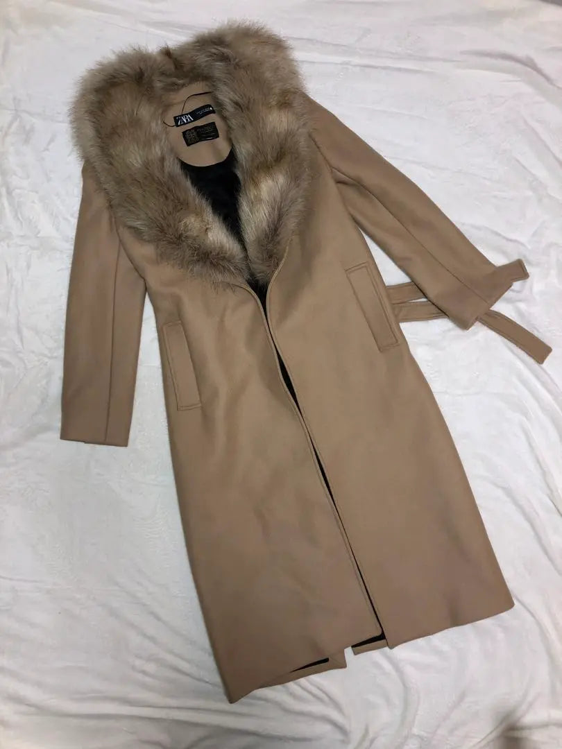 Zara x Manteco ❤️ Long belted coat with fur✨ Premium wool M [Extremely beautiful]