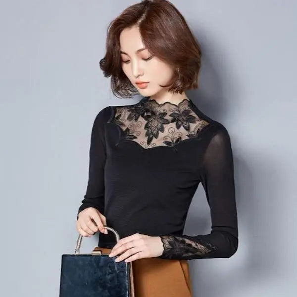 Floral pattern lace embroidery see-through tops long sleeve T-shirt XL dance practice wear