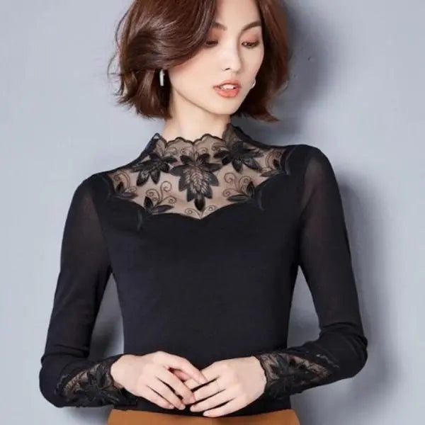 Floral pattern lace embroidery see-through tops long sleeve T-shirt XL dance practice wear