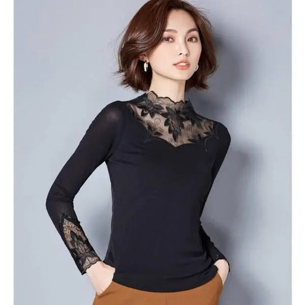 Floral pattern lace embroidery see-through tops long sleeve T-shirt XL dance practice wear