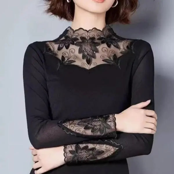 Floral pattern lace embroidery see-through tops long sleeve T-shirt XL dance practice wear