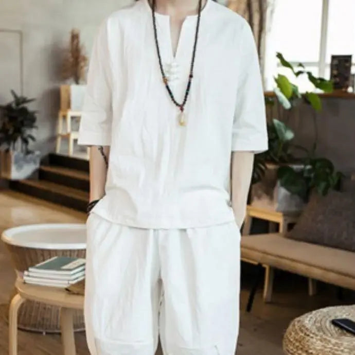 [Free Shipping] Men's Set-up Short Sleeve Linen Loungewear White White L