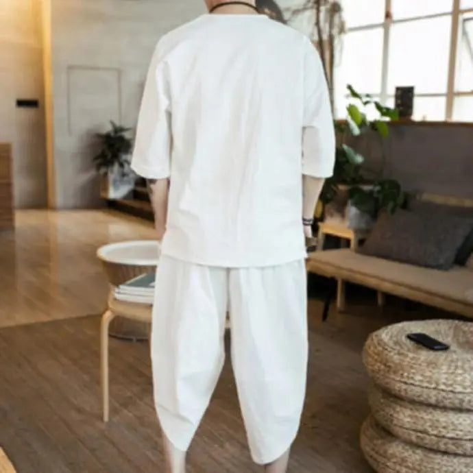 [Free Shipping] Men's Set-up Short Sleeve Linen Loungewear White White L