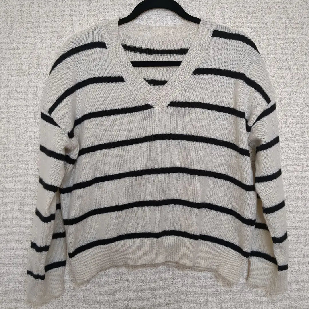 Ivory and black striped V-neck knit