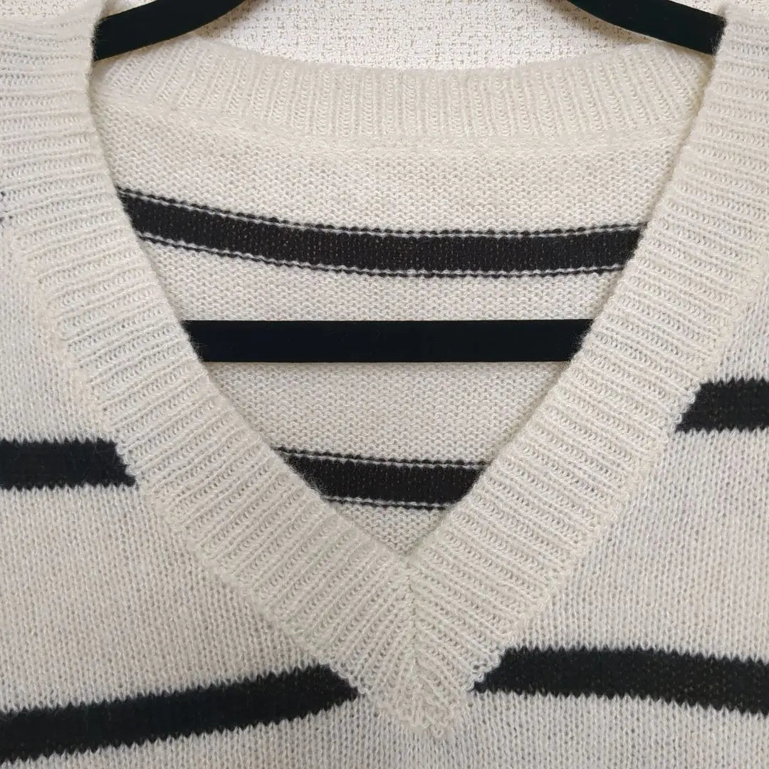 Ivory and black striped V-neck knit