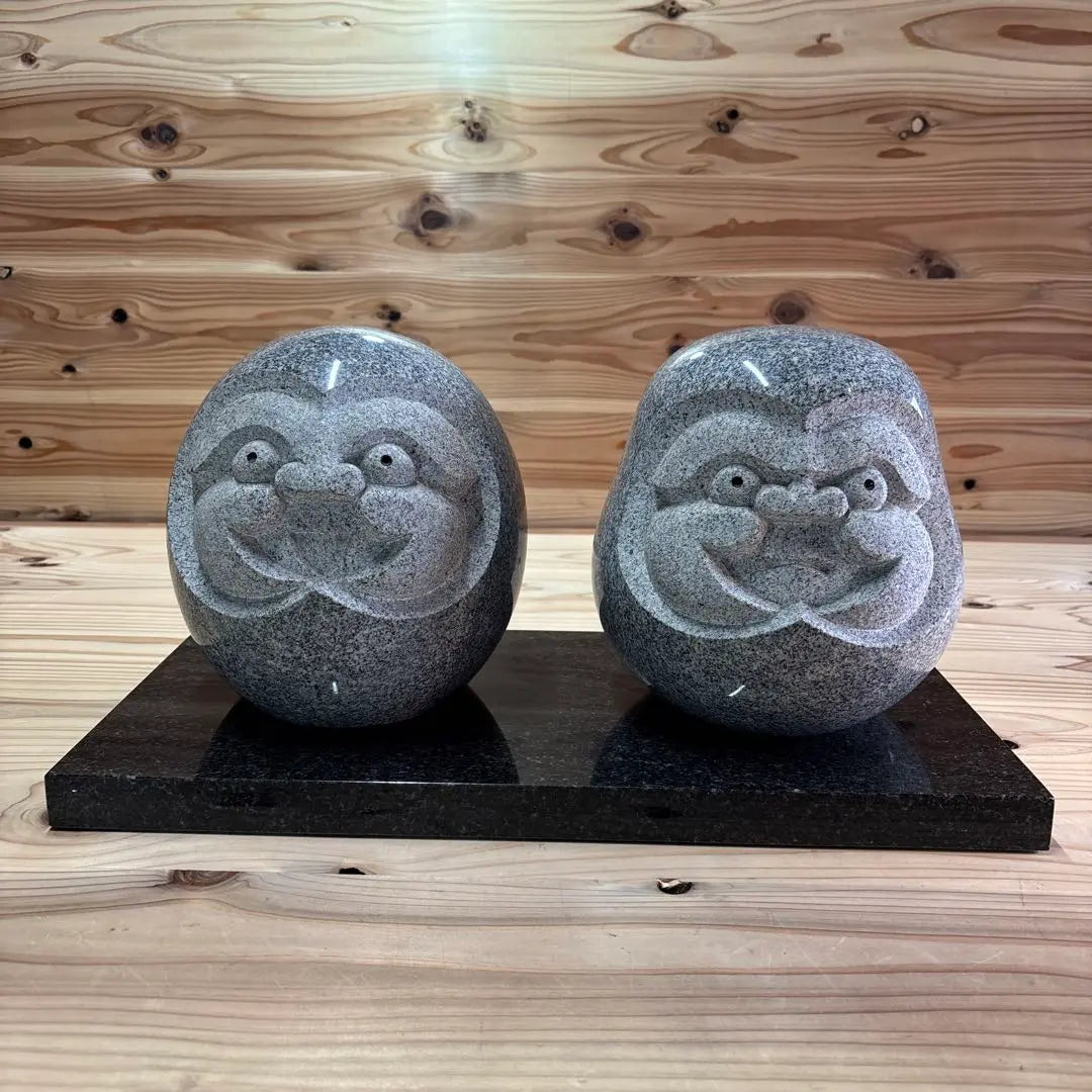 Stone statue, statue, stone, stone, daruma ornament, two-piece set, with stand