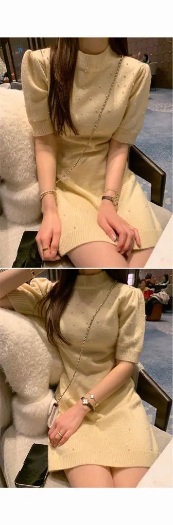 DHOLIC Fake Pearl Pattern Short Sleeve Knit Dress