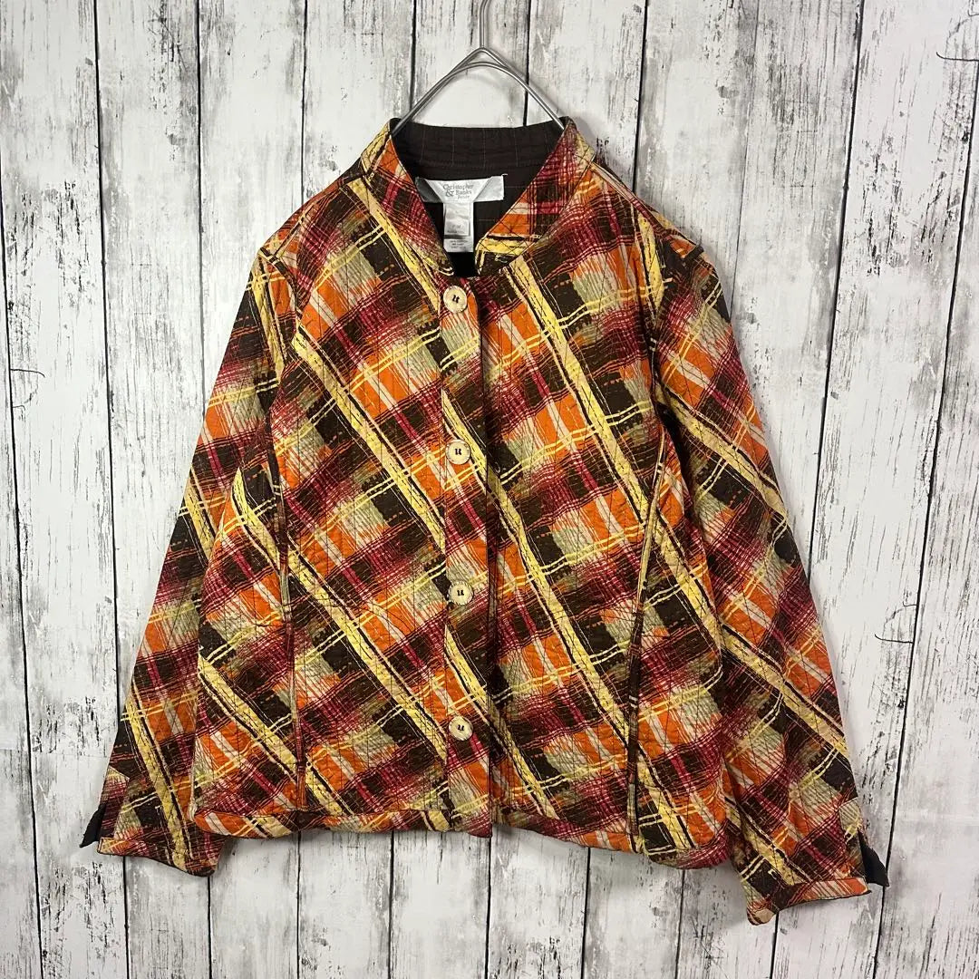 [Retro old clothes] All pattern no collar jacket ☆ Band collar ☆ Orange ☆ Warm color ☆ S