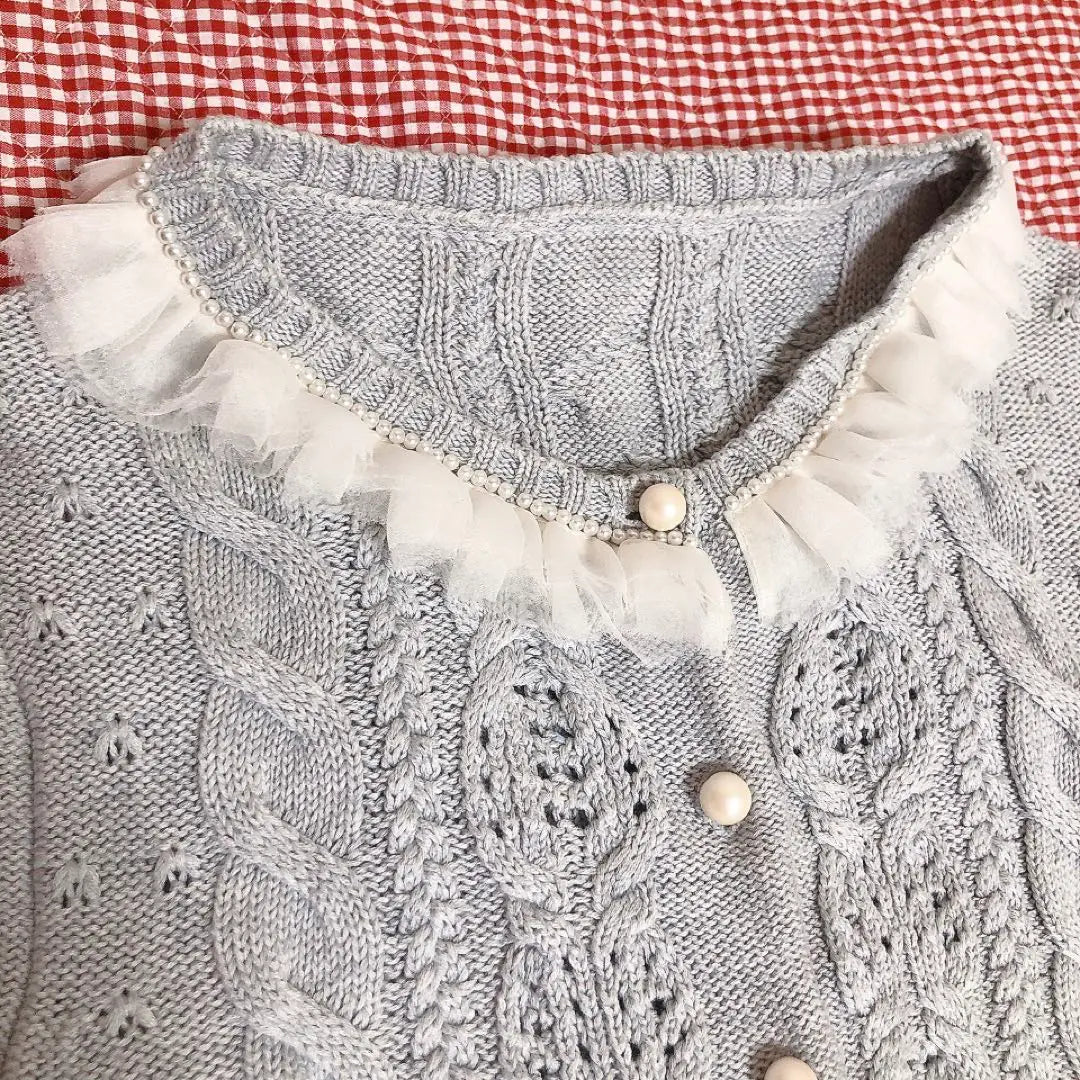 Franschlippe *Pearl button *Tulle & bead embroidery *Cardigan *Gray *Flowers