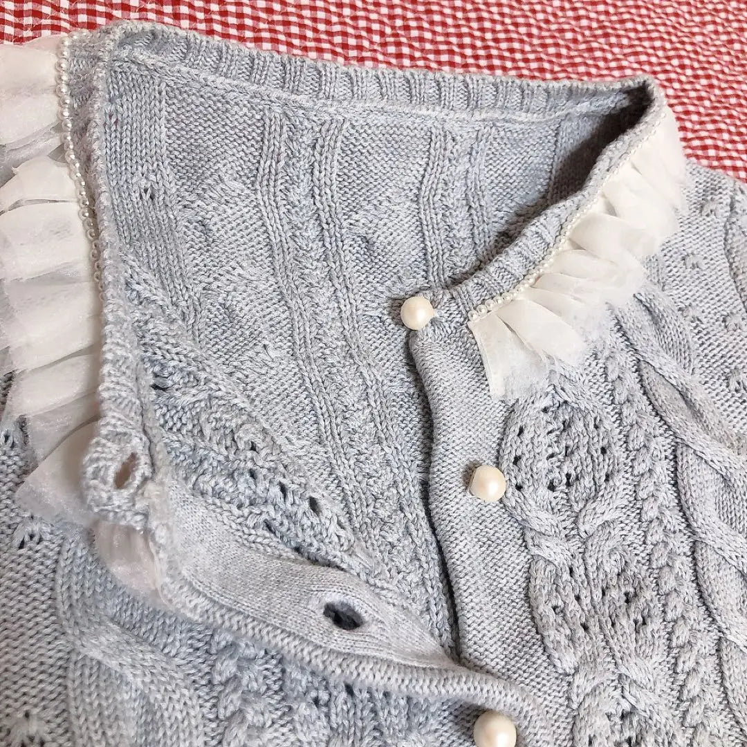 Franschlippe *Pearl button *Tulle & bead embroidery *Cardigan *Gray *Flowers