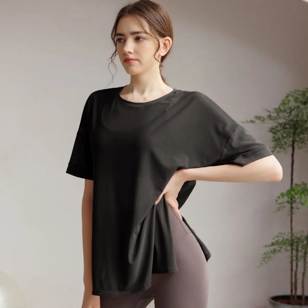 Black F size new see-through body cover short sleeve tops yoga wear T-shirt