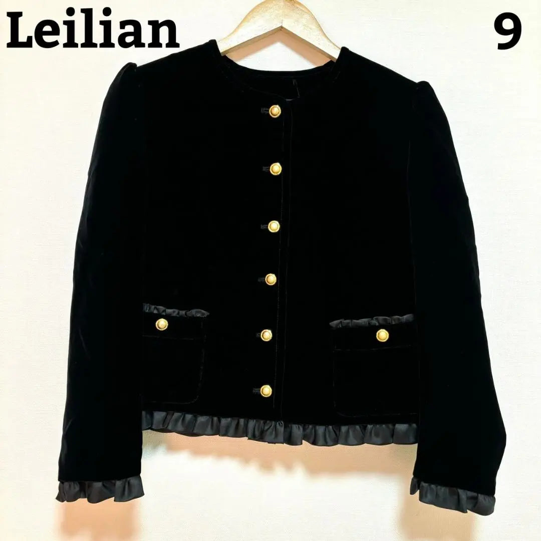 Excelente estado Chaqueta de terciopelo Leilian negro 9 sin cuello botón dorado | 極美品 Leilian ベロアジャケット 黒 ブラック 9 ノーカラー 金ボタン