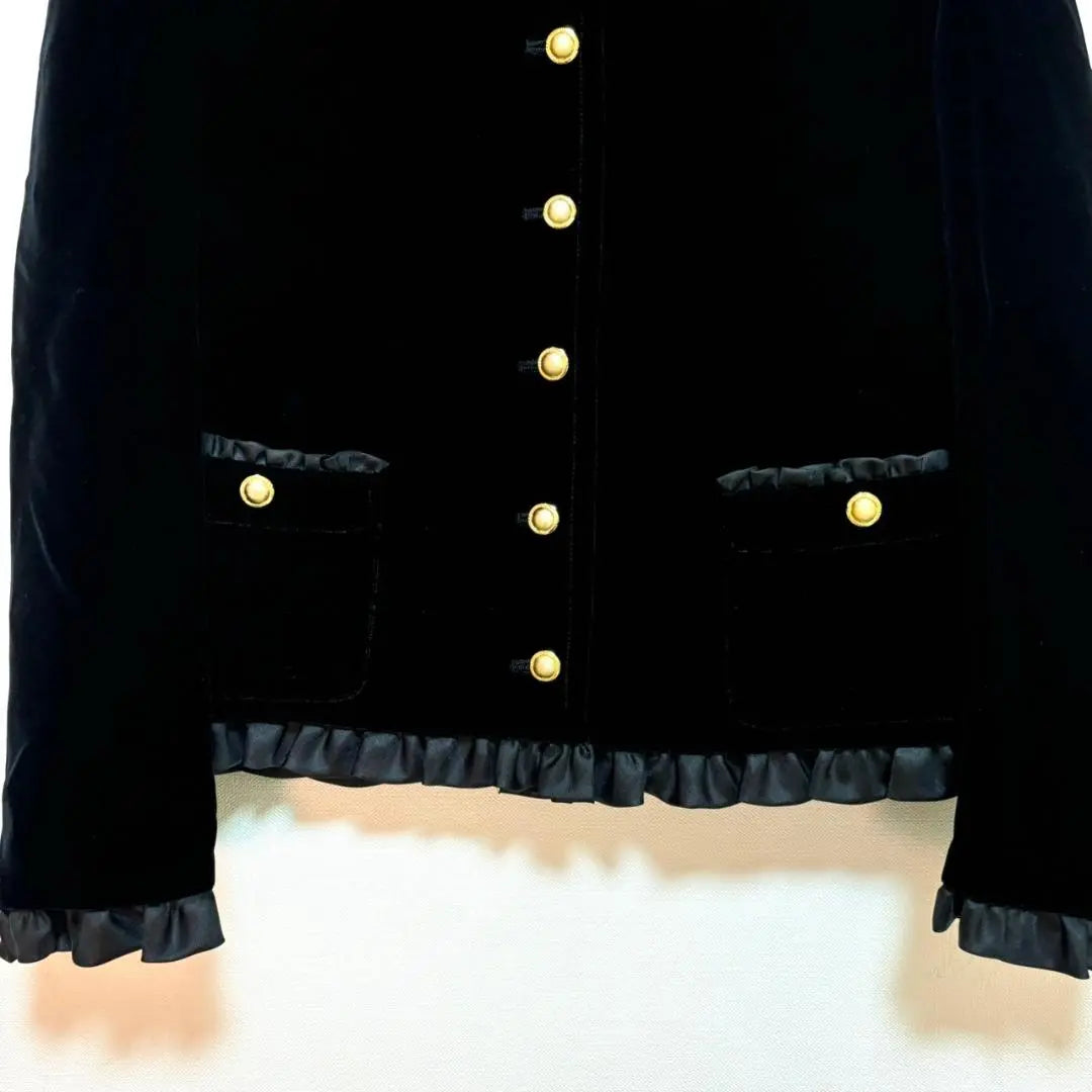 Excelente estado Chaqueta de terciopelo Leilian negro 9 sin cuello botón dorado | 極美品 Leilian ベロアジャケット 黒 ブラック 9 ノーカラー 金ボタン