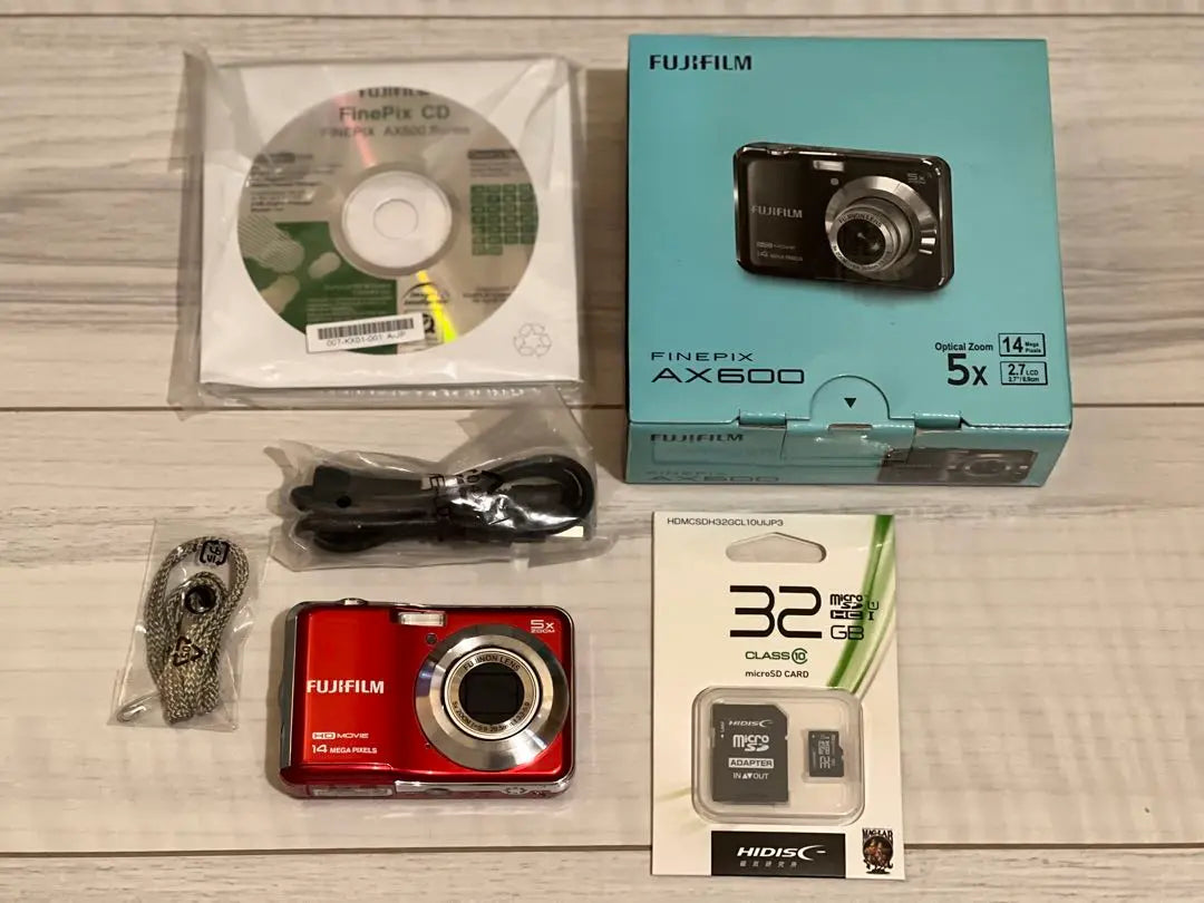 [Good condition] FUJIFILM AX600 with SD card, digital camera, red, box included