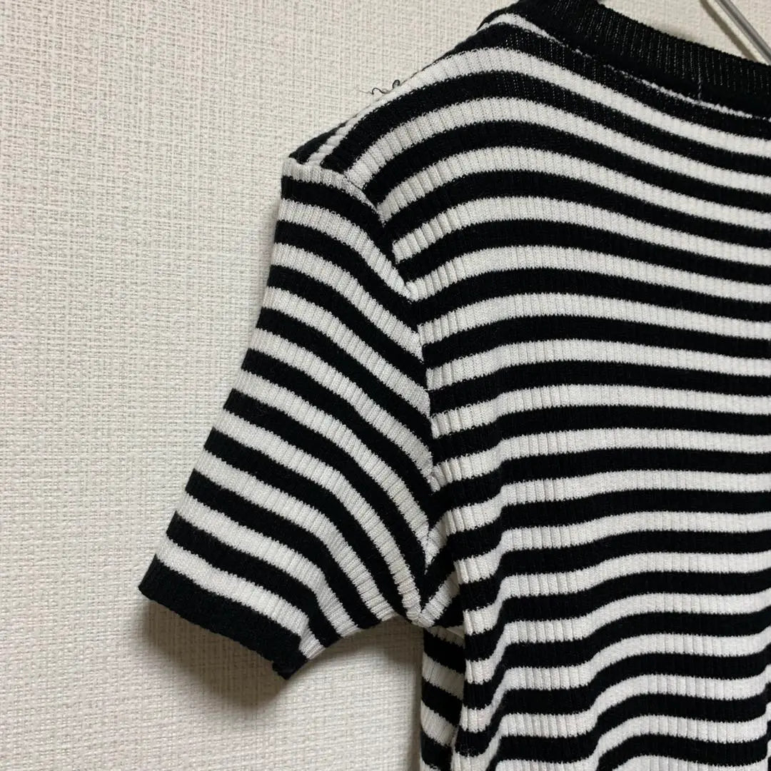 [Franco] Border rib knit T-shirt, black and white, casual F, spring, autumn and winter