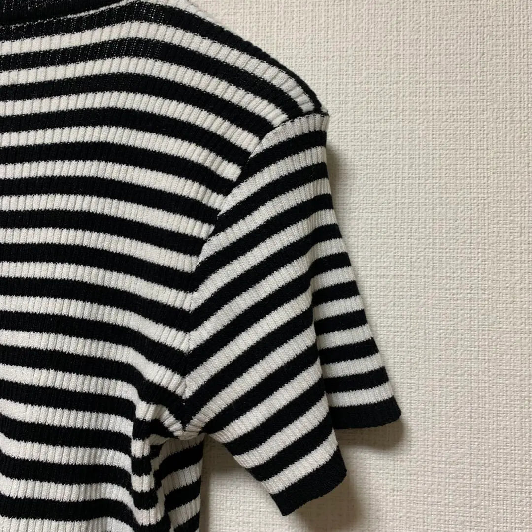 [Franco] Border rib knit T-shirt, black and white, casual F, spring, autumn and winter