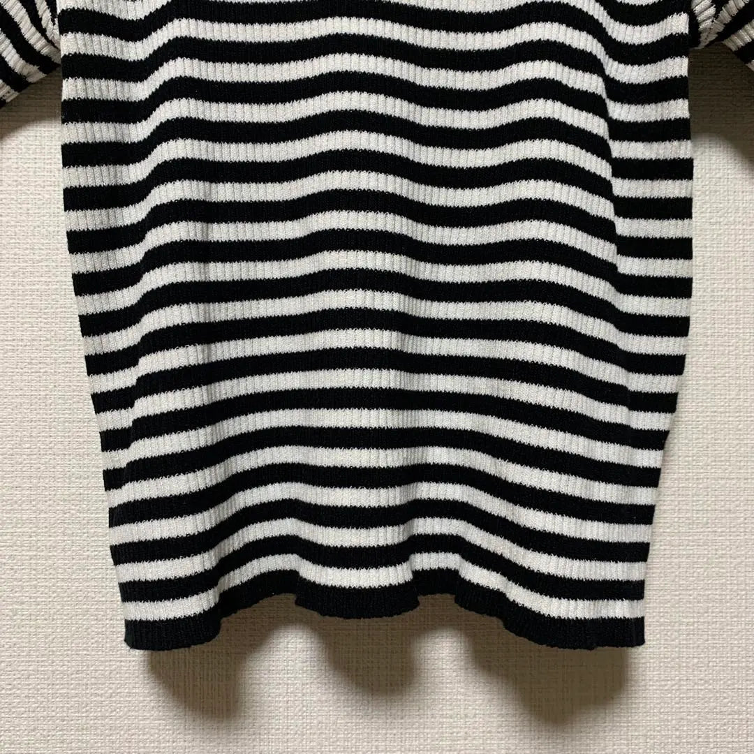 [Franco] Border rib knit T-shirt, black and white, casual F, spring, autumn and winter