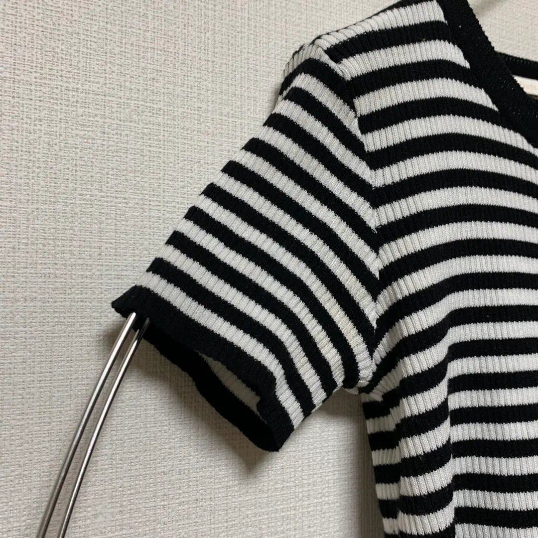 [Franco] Border rib knit T-shirt, black and white, casual F, spring, autumn and winter