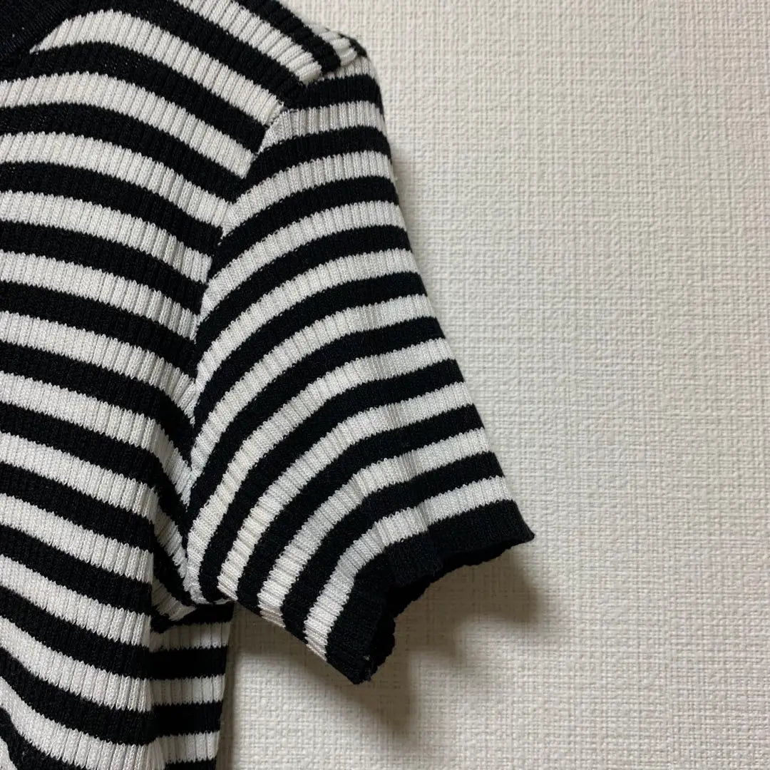 [Franco] Border rib knit T-shirt, black and white, casual F, spring, autumn and winter