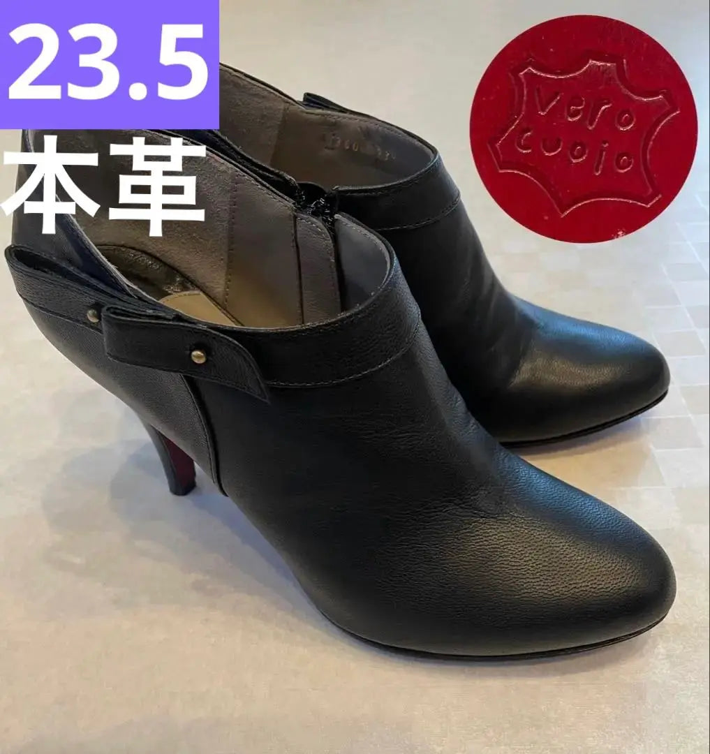 Black leather leather leather cowhide booty short boots heel 23.5 | 黒　レザー　本革　牛革　ブーティ　ショートブーツ　ヒール　23.5