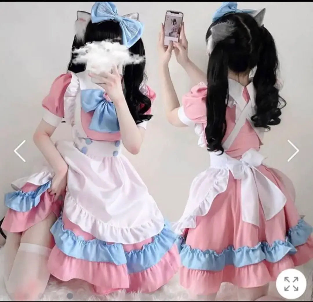 ♡ Ropa de sirvienta cosplay Halloween gato rosa cinta con volantes azules tipo producción en masa