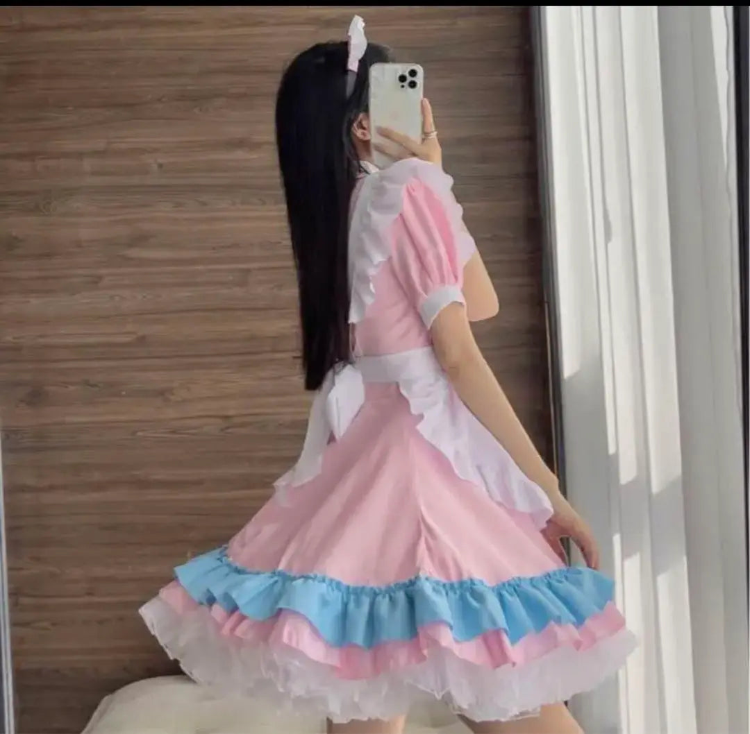 ♡ Ropa de sirvienta cosplay Halloween gato rosa cinta con volantes azules tipo producción en masa