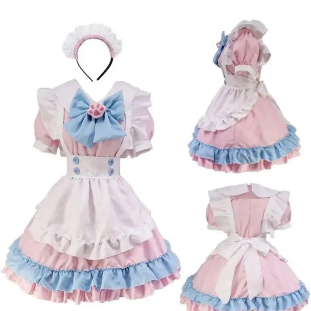 ♡ Ropa de sirvienta cosplay Halloween gato rosa cinta con volantes azules tipo producción en masa