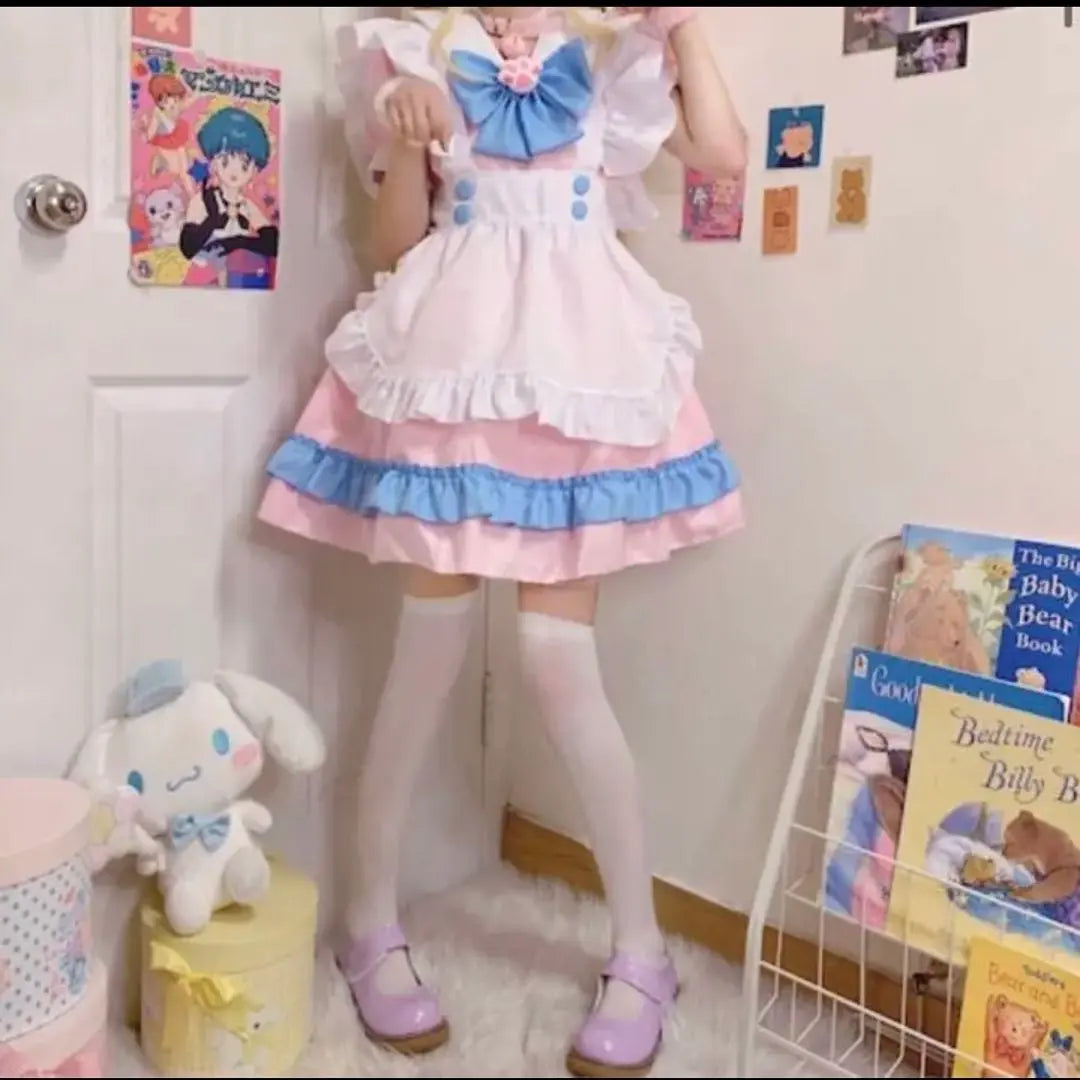 ♡ Ropa de sirvienta cosplay Halloween gato rosa cinta con volantes azules tipo producción en masa